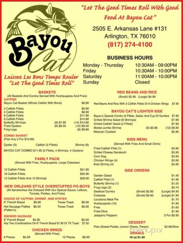 Menu of Bayou Cat in Arlington TX 76010 Menu of Bayou Cat in Arlington TX 76010
