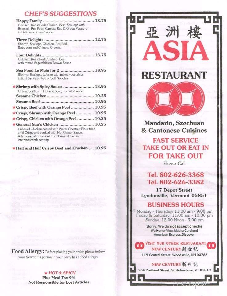 Asia Restaurant - Lyndonville, VT menu_pic