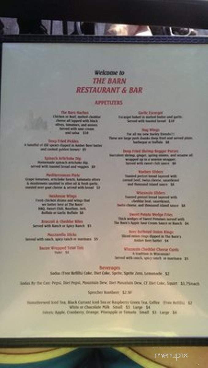 Barn Restaurant & Bar - Baraboo, WI menu_pic