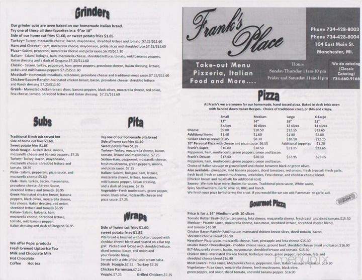 Frank's Place - Manchester, MI menu_pic