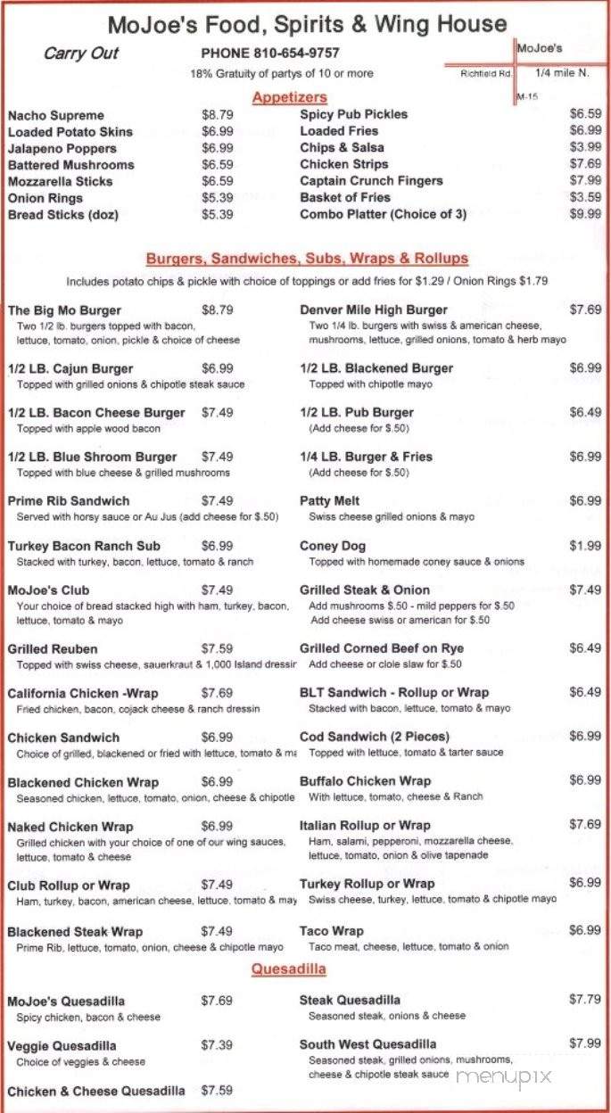 Mo Jo's Food & Spirit - Davison, MI menu_pic