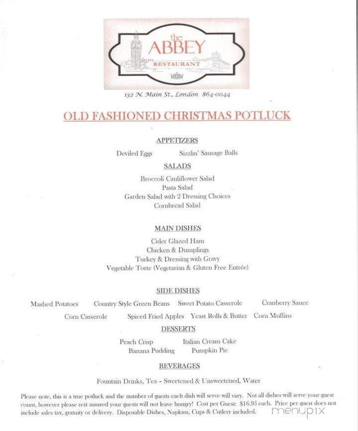 Menu of The Abbey in London, KY 40741