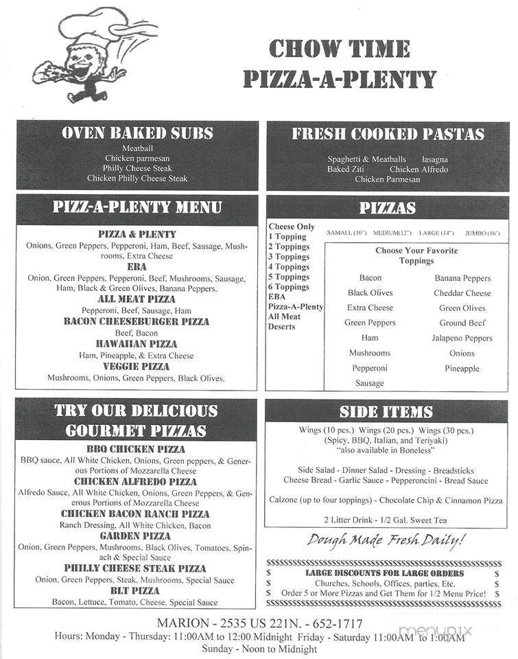 Chow Time Pizza Aplenty - Marion, NC menu_pic