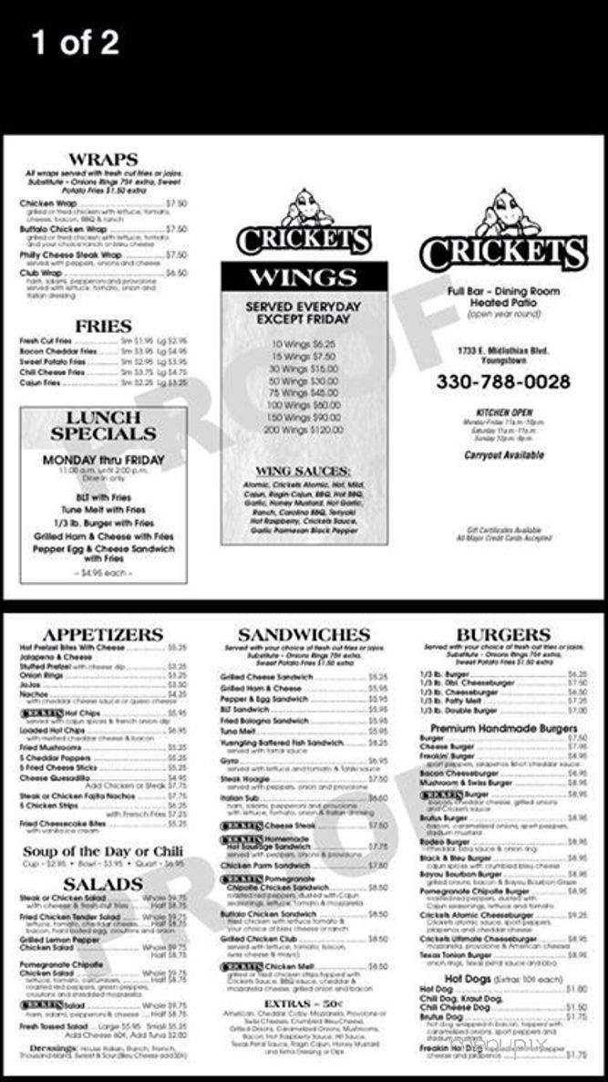 Crickets - Youngstown, OH menu_pic