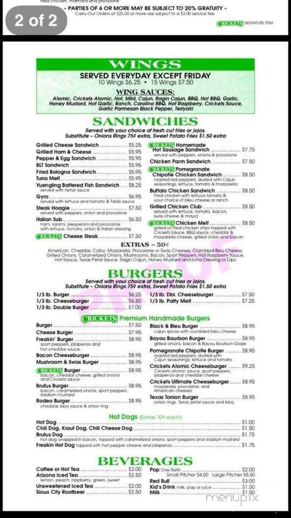 Crickets - Youngstown, OH menu_pic