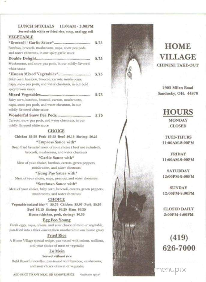 Home Village Chinese Restaurant - Sandusky, OH menu_pic
