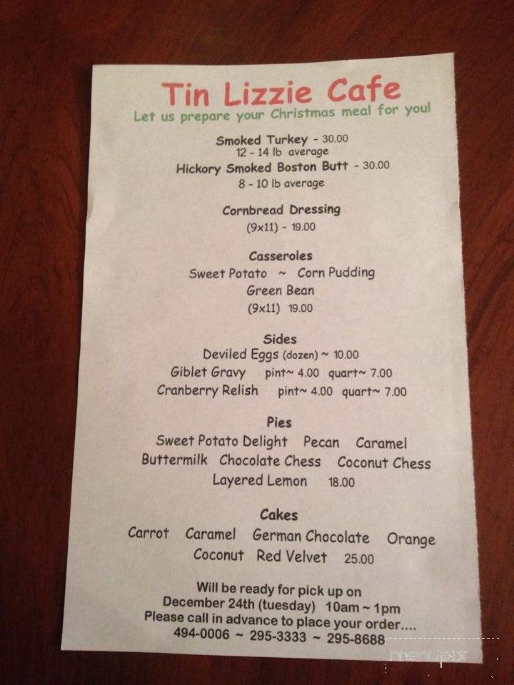 Tin Lizzie Cafe - West Point, MS menu_pic