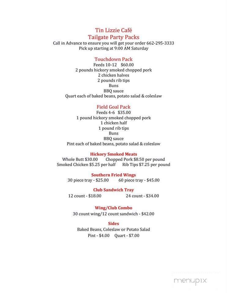 Tin Lizzie Cafe - West Point, MS menu_pic