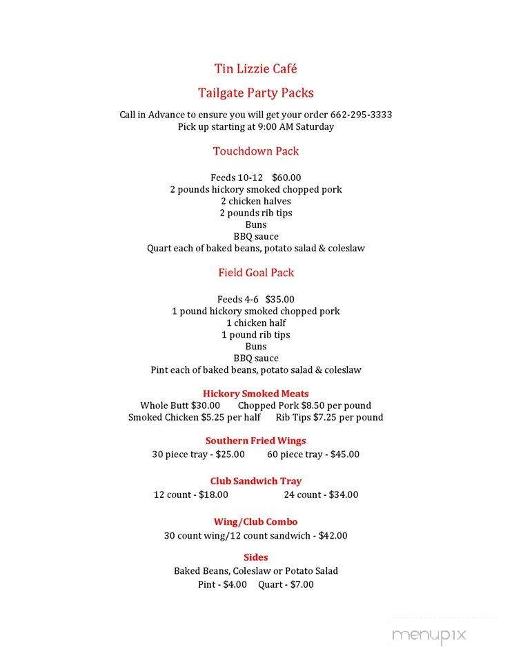 Tin Lizzie Cafe - West Point, MS menu_pic