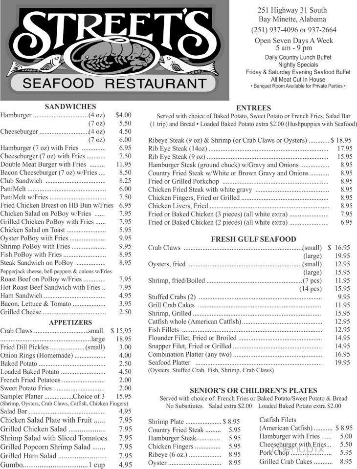 Street's Seafood - Bay Minette, AL menu_pic
