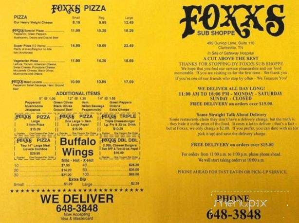 Foxxs Sub Shoppe - Oak Grove, KY menu_pic