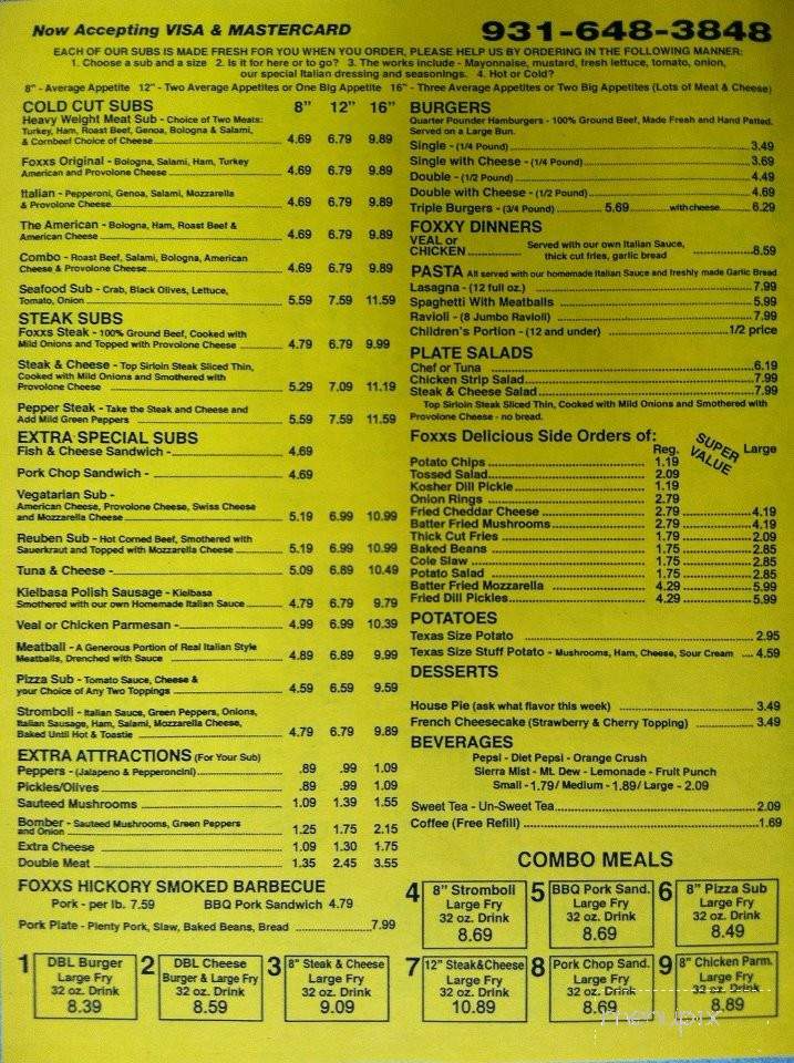 Foxxs Sub Shoppe - Oak Grove, KY menu_pic