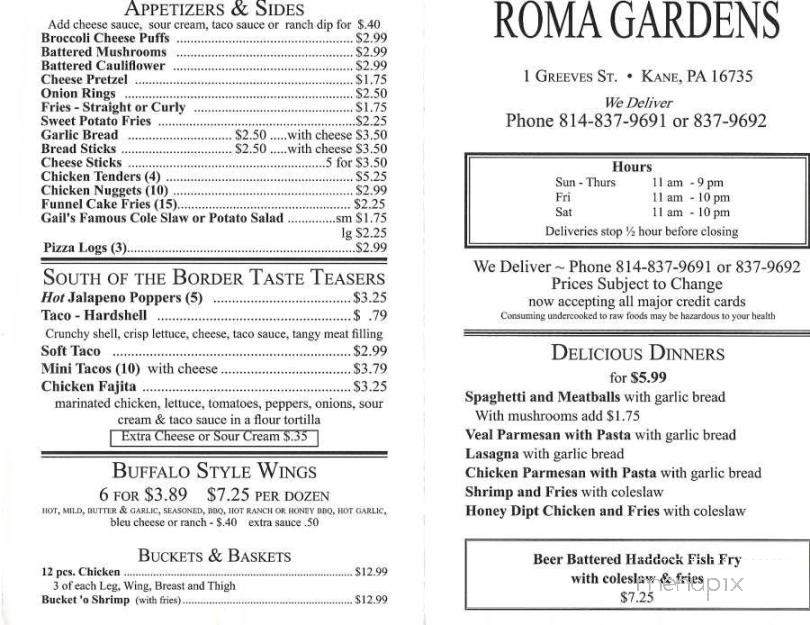 Roma Gardens - Kane, PA menu_pic