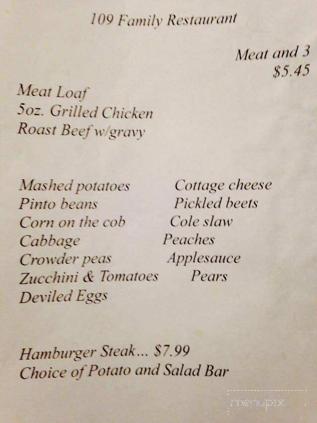 109 Family Restaurant - Portland, TN menu_pic