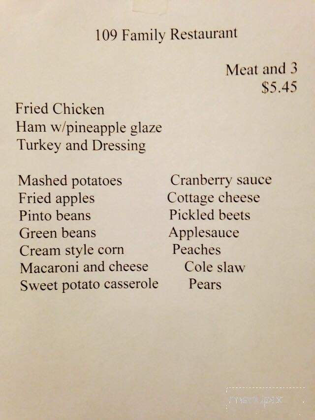 109 Family Restaurant - Portland, TN menu_pic