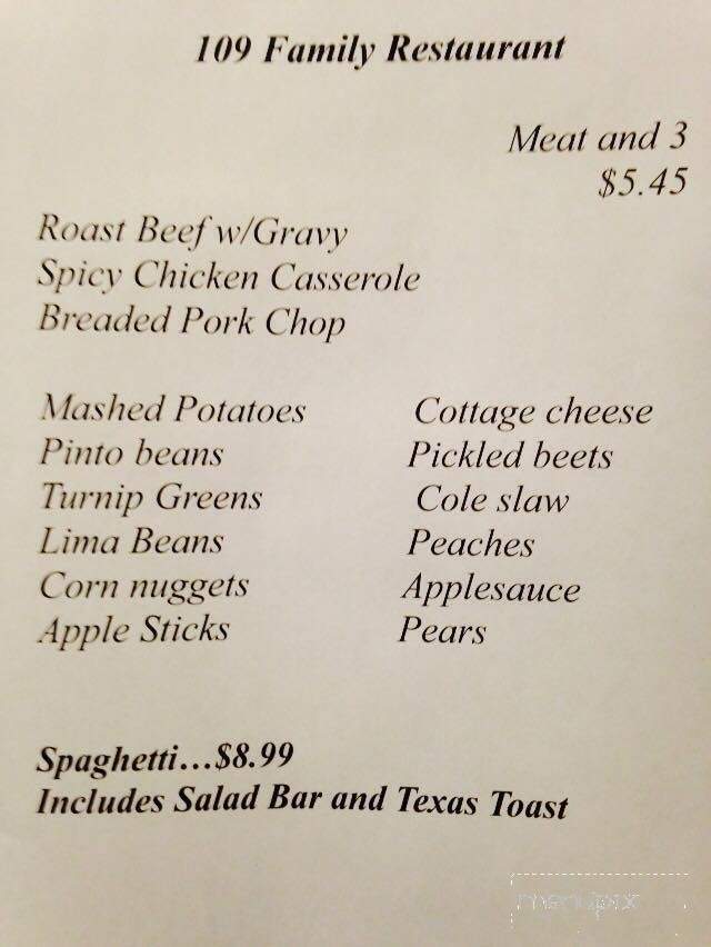 109 Family Restaurant - Portland, TN menu_pic