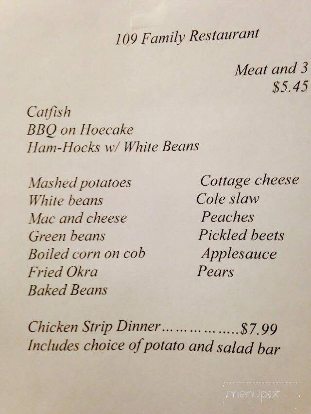 109 Family Restaurant - Portland, TN menu_pic