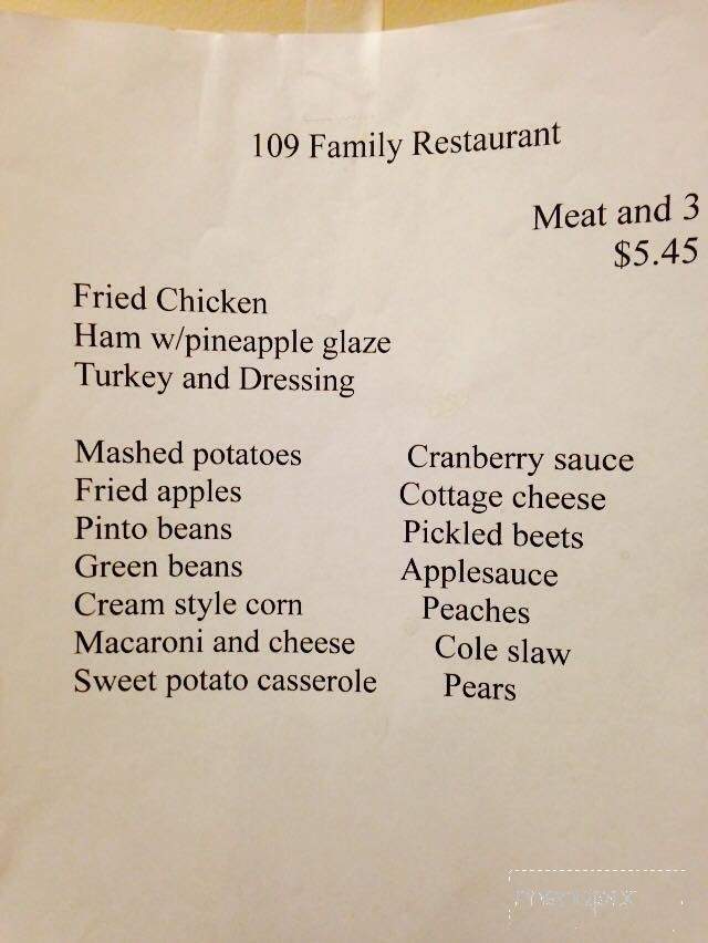 109 Family Restaurant - Portland, TN menu_pic