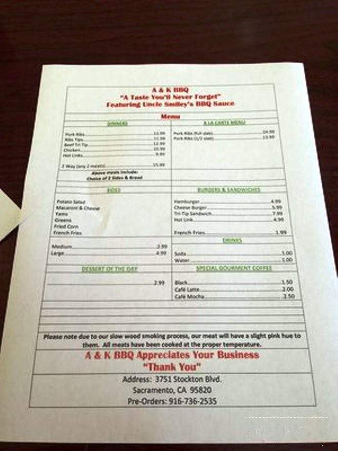 A&K Barbecue - Sacramento, CA menu_pic