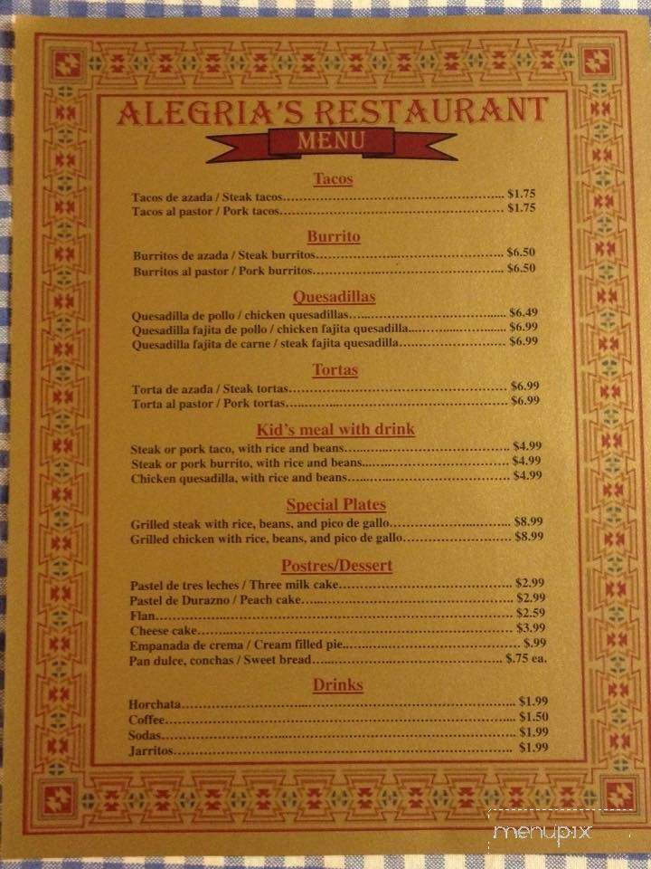 Alegria's Restaurant - Gadsden, AL menu_pic