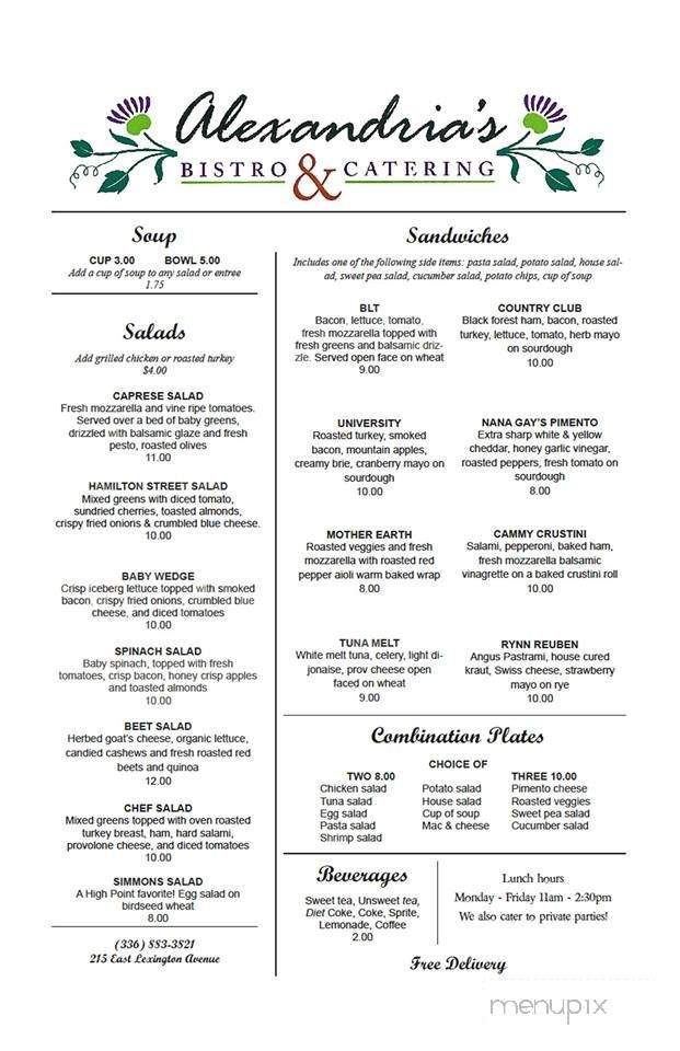 Alexandria's Bistro and Catering - High Point, NC menu_pic