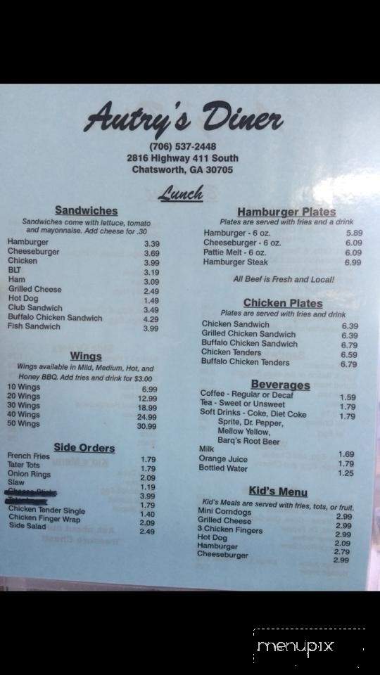 Autry's Diner - Chatsworth, GA menu_pic