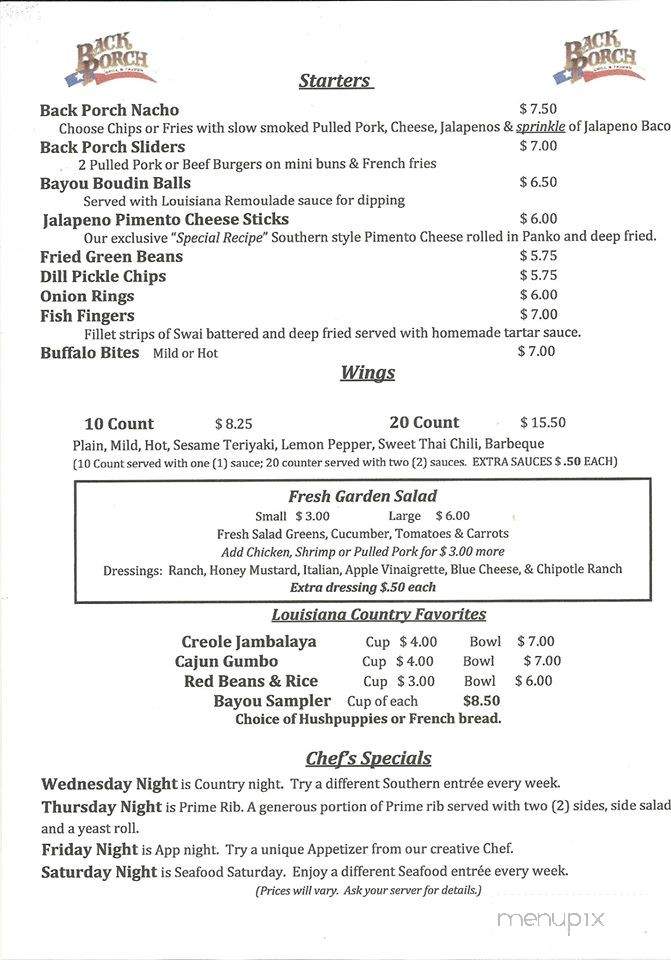 Back Porch - North Augusta, SC menu_pic