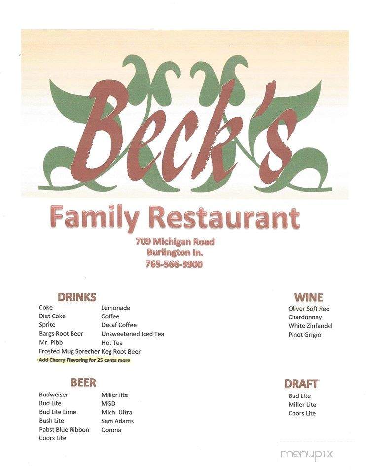 Beck's Family Restaurant & Pub - Burlington, IN menu_pic