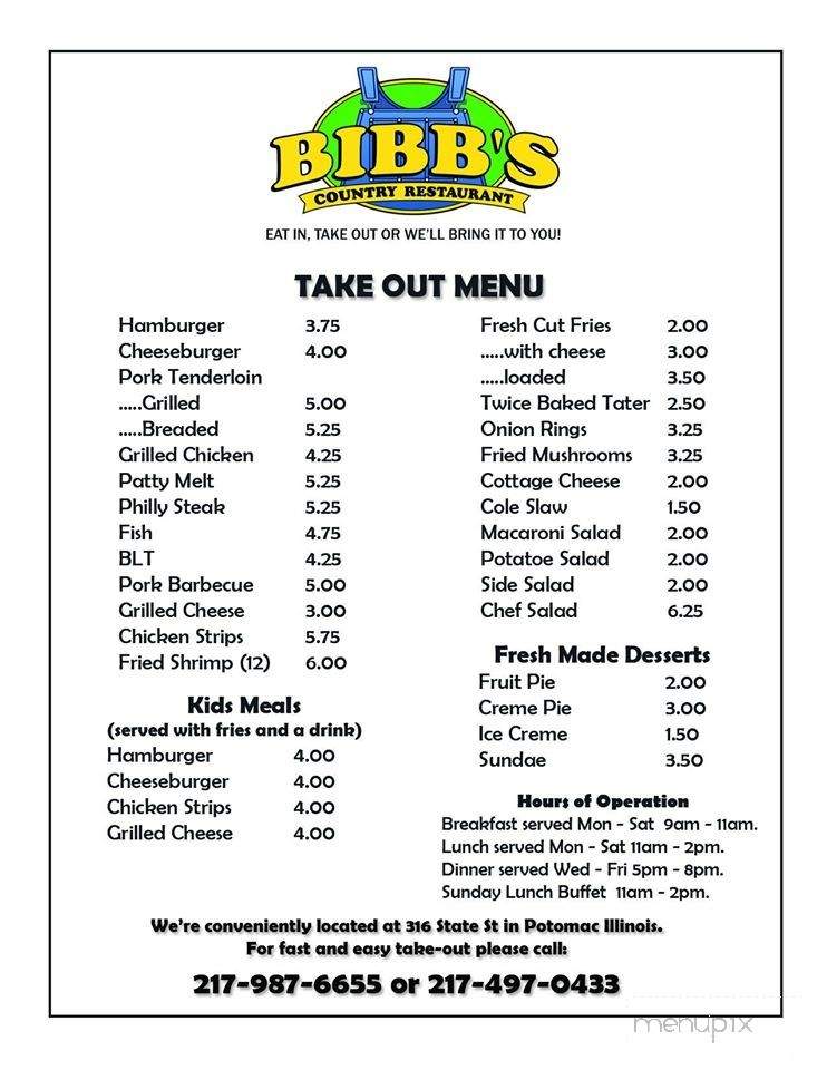 Bibbs Country Restaurant - Gifford, IL menu_pic