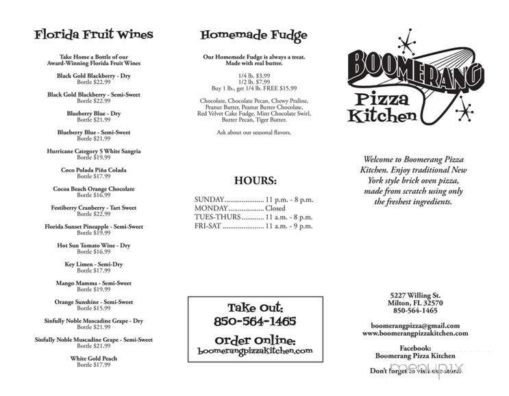 Boomerang Pizza Kitchen - Milton, FL menu_pic