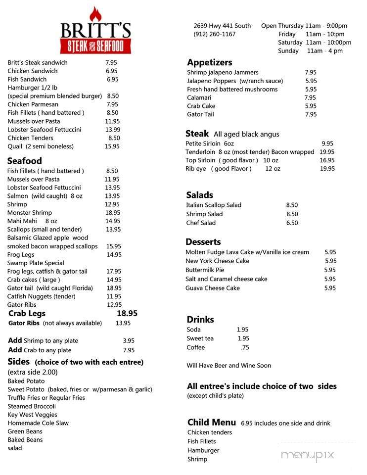 Britt's Steak & Seafood - Douglas, GA menu_pic