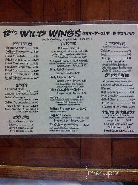 B'S Wild Wings Bar-B-Que and Boiling - Kaplan, LA menu_pic