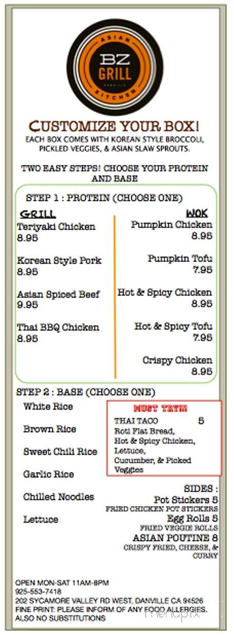 Bz Grill - Danville, CA menu_pic