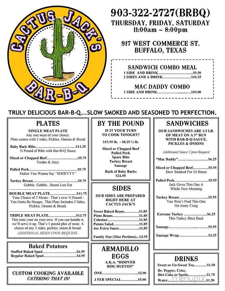 Online Menu of Cactus Jack BBQ, Buffalo, TX