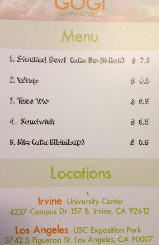 California Gogi Korean Grill - Los Angeles, CA menu_pic
