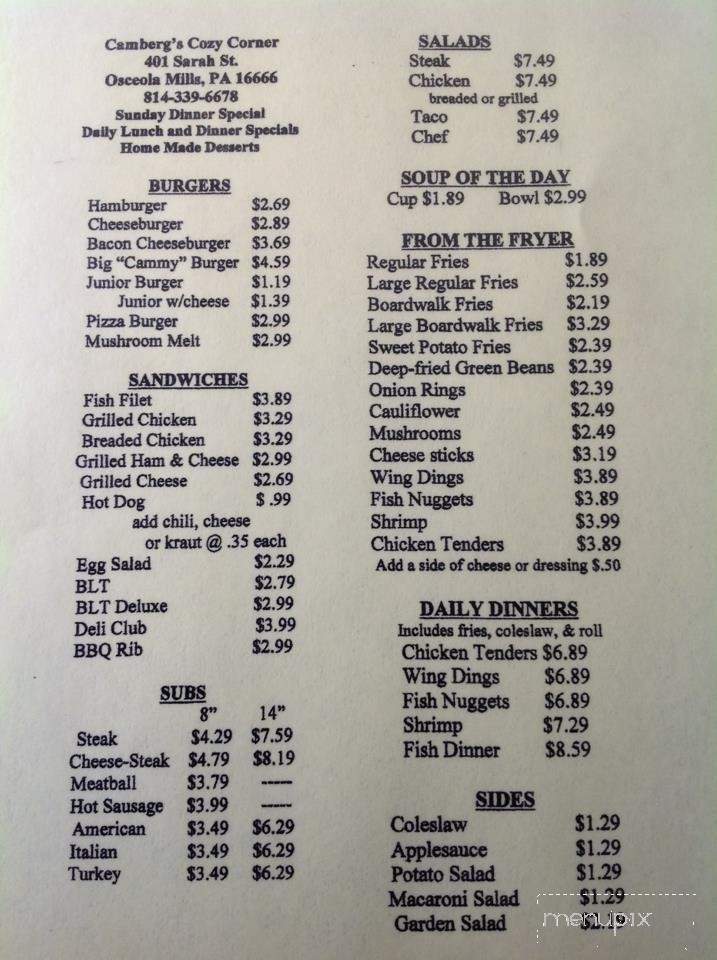 Camberg's Cozy Corner - Osceola Mills, PA menu_pic