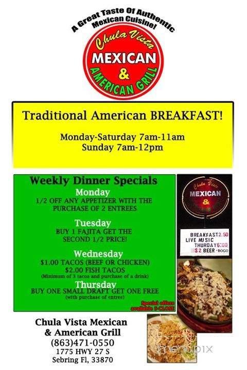 Chula Vista Mexican & American Grill - Sebring, FL menu_pic