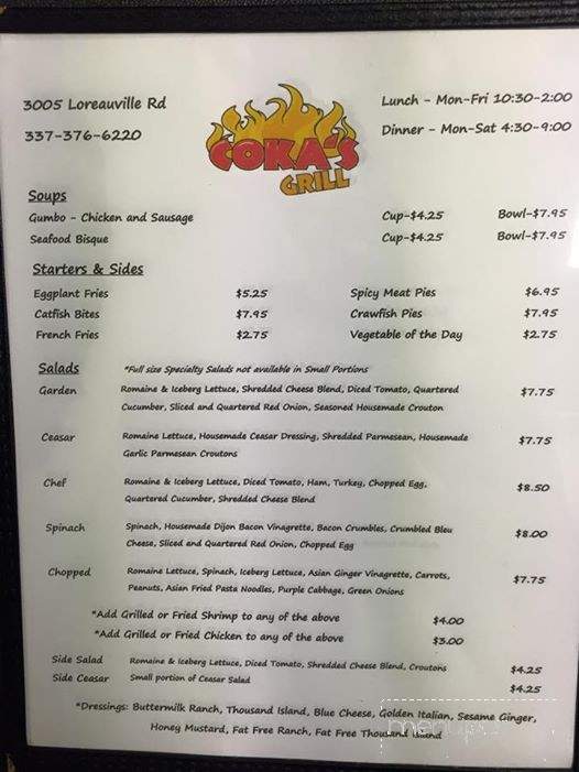 Coka's Grill - New Iberia, LA menu_pic