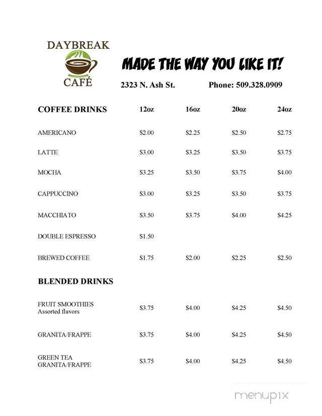 Daybreak Cafe - Spokane, WA menu_pic