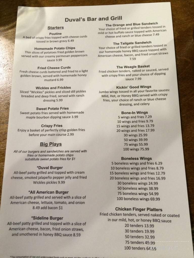 Duval's - Auburn, AL menu_pic