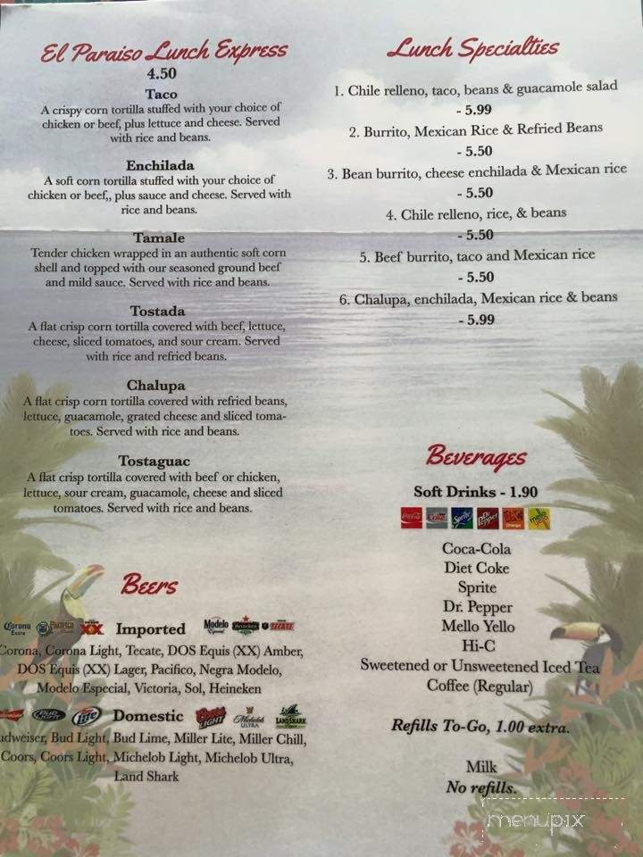 El Paraiso Restaurant - Jefferson City, TN menu_pic
