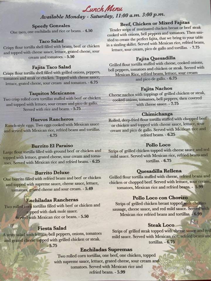 El Paraiso Restaurant - Jefferson City, TN menu_pic
