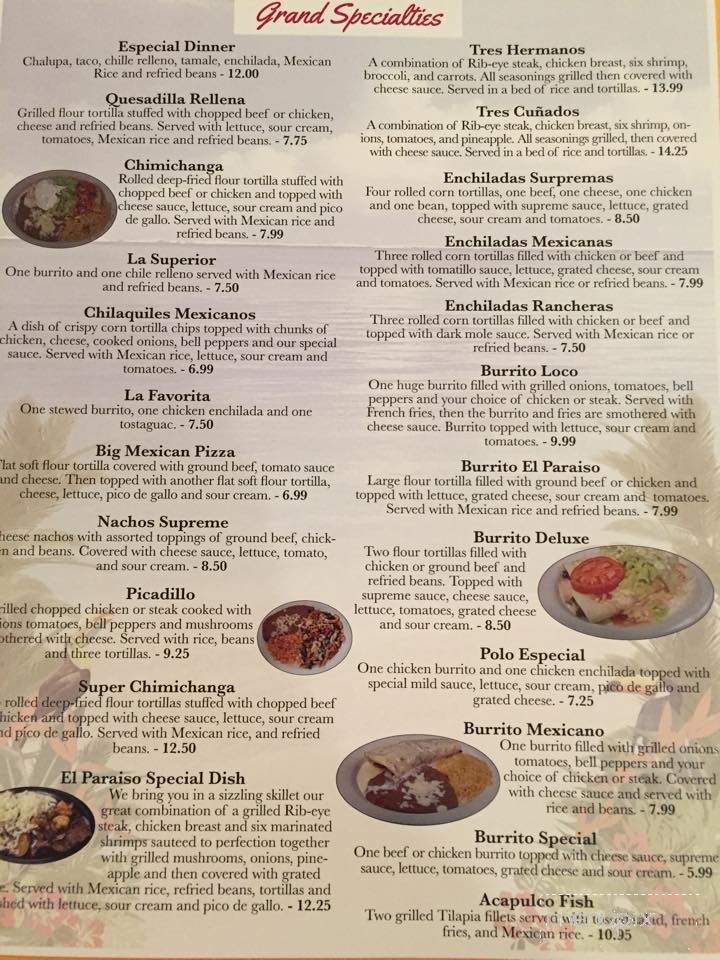 El Paraiso Restaurant - Jefferson City, TN menu_pic