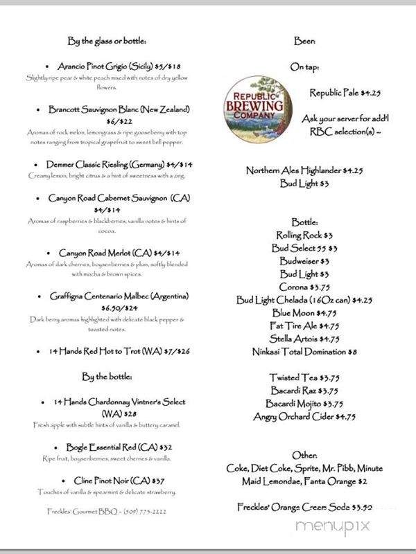 Freckles Gourmet BBQ - Republic, WA menu_pic