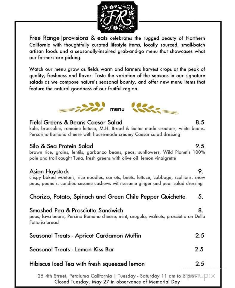 Free Range - Provisions & Eats - Petaluma, CA menu_pic