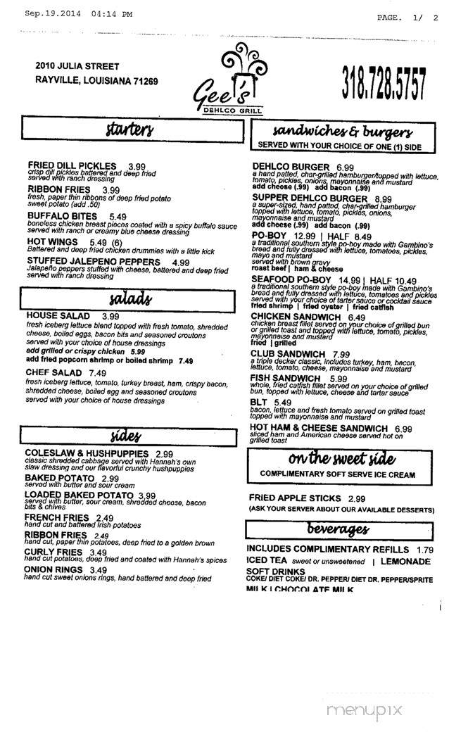 Gee's Dehlco Grill - Rayville, LA menu_pic