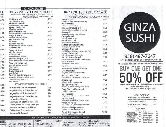 Ginza Sushi - San Diego, CA menu_pic