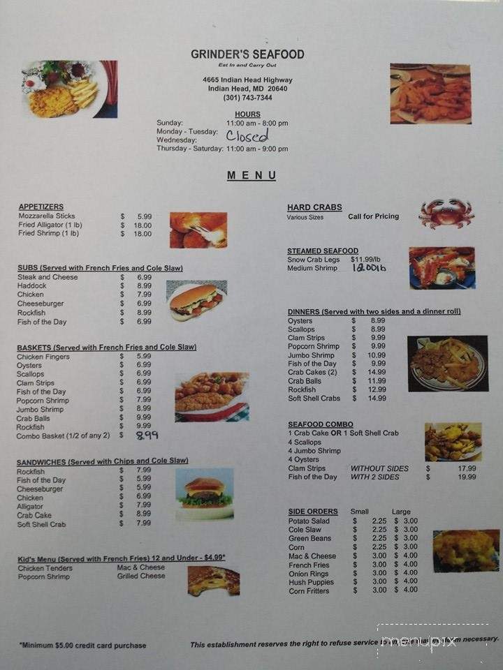 Menu of Grinders Seafood in Indian Head, MD 20640