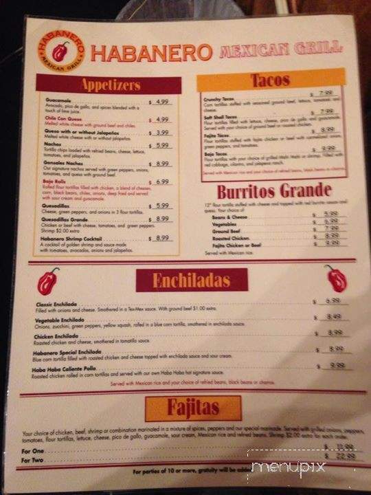 Habanero Mexican Grill - Benton, KY menu_pic