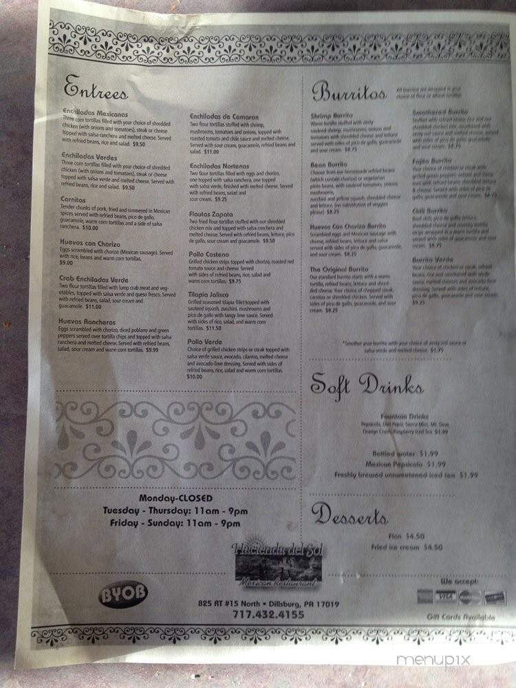Hacienda del Sol - Dillsburg, PA menu_pic